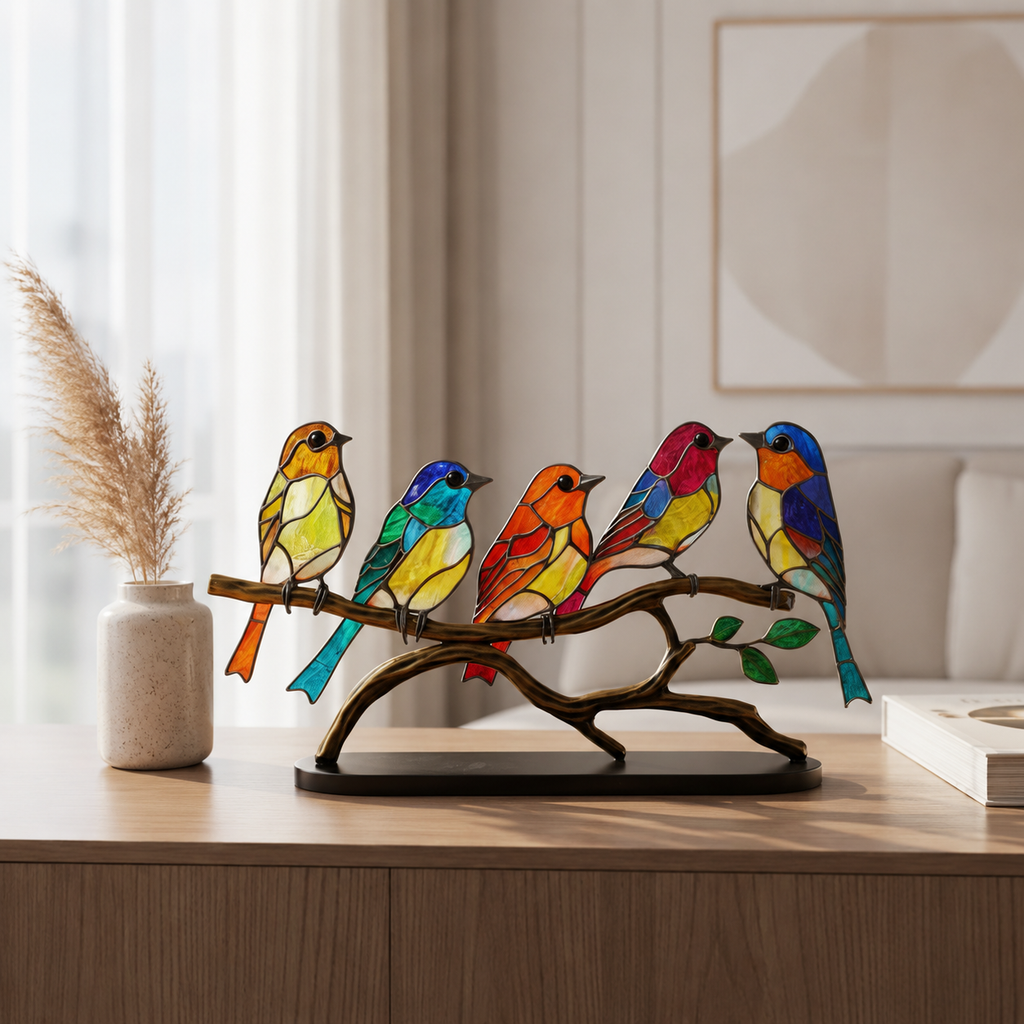 Bird Statue | Colorful Acrylic Animal Sculpture, Wood Base, Multicolor, gallery view 3.