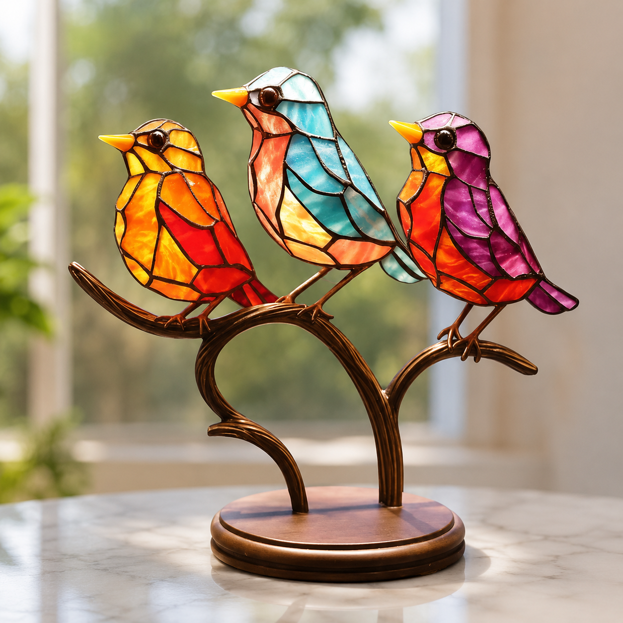 Bird Statue | Colorful Acrylic Animal Sculpture, Wood Base, Multicolor, gallery view 5.