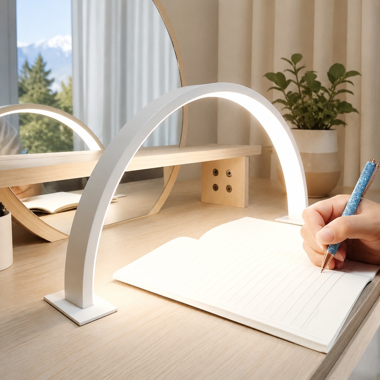 White crescent moon LED desk lamp lighting an open notebook on an oak desk.