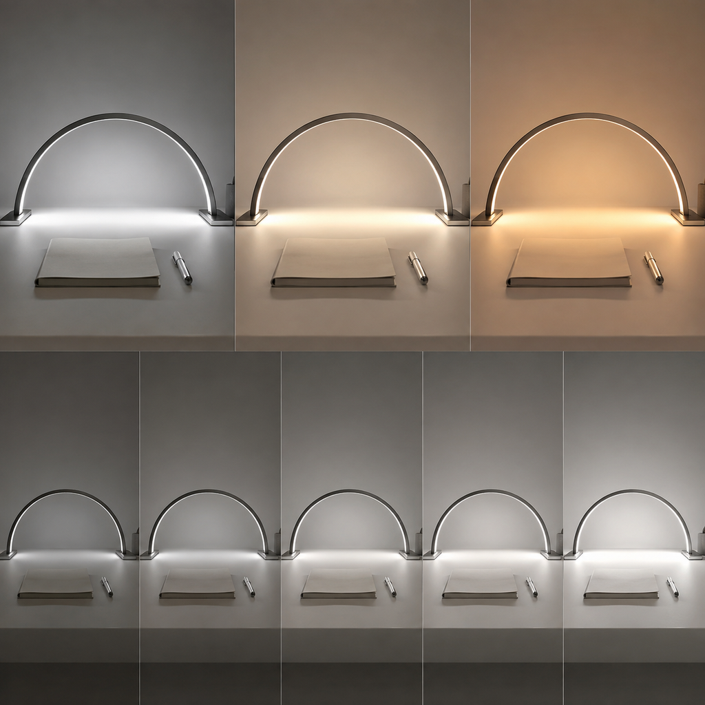 White crescent moon LED desk lamp shown across light tones and brightness levels.