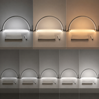 White crescent moon LED desk lamp shown across light tones and brightness levels.