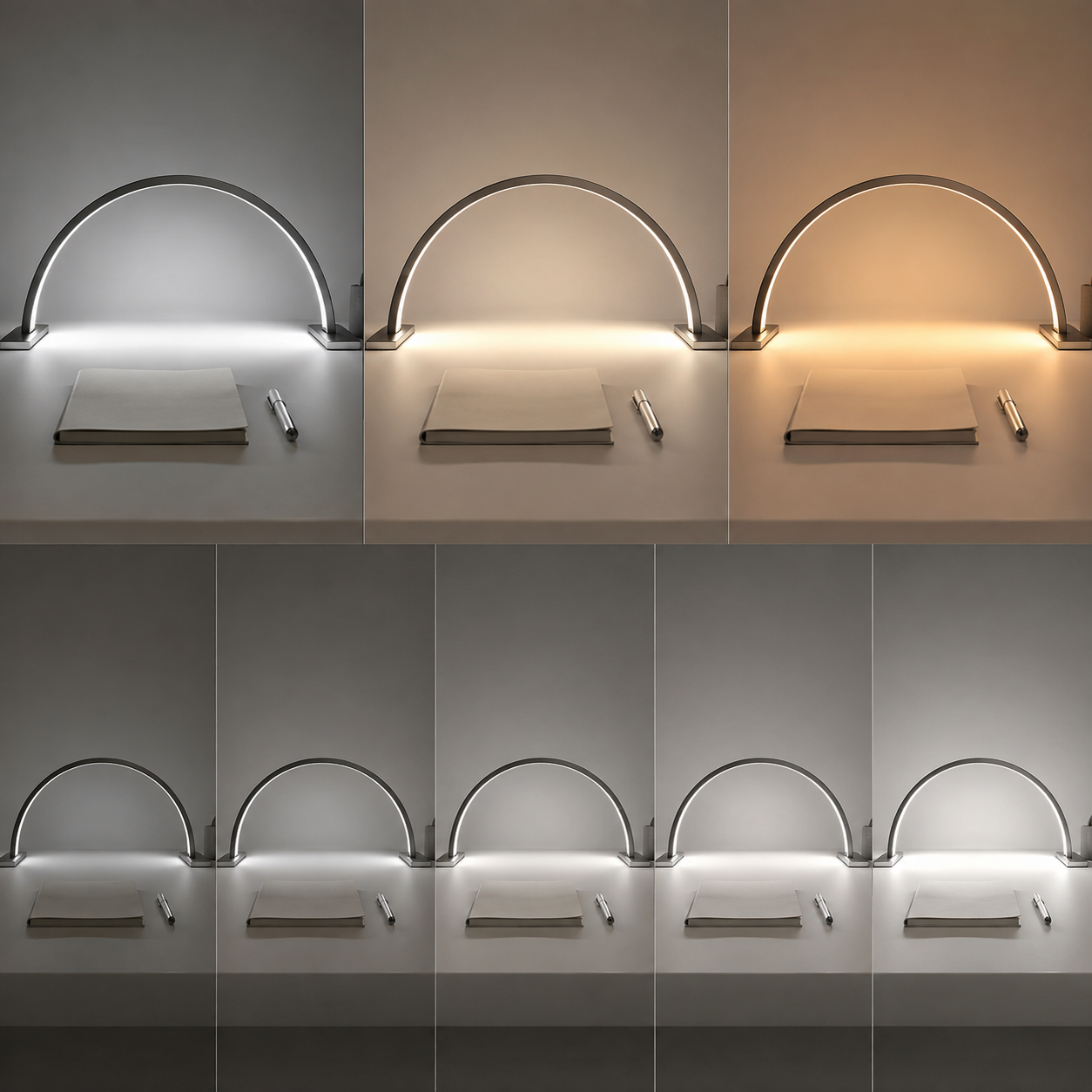 White crescent moon LED desk lamp shown across light tones and brightness levels.