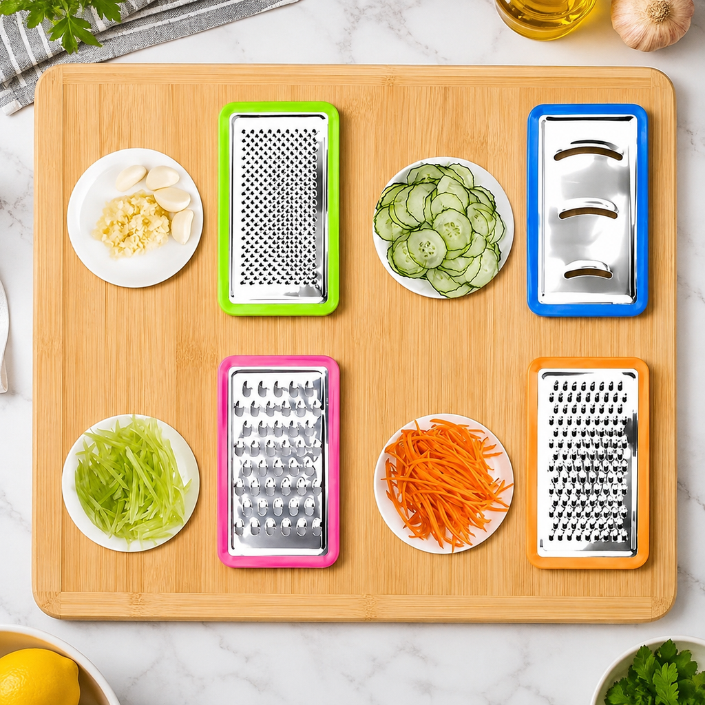 Cutting board bamboo storage trays and graters feature view