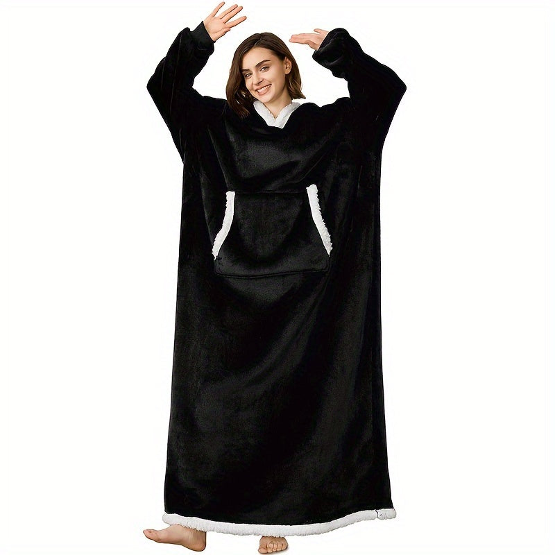 Wearable Blanket Robe | Extra Long Hooded Flannel Design, Polyester, Multiple Colors