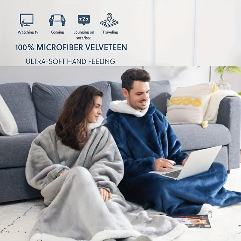 Wearable Blanket Hoodie | Long Hooded Sleeved Flannel, Polyester, Multiple Colors