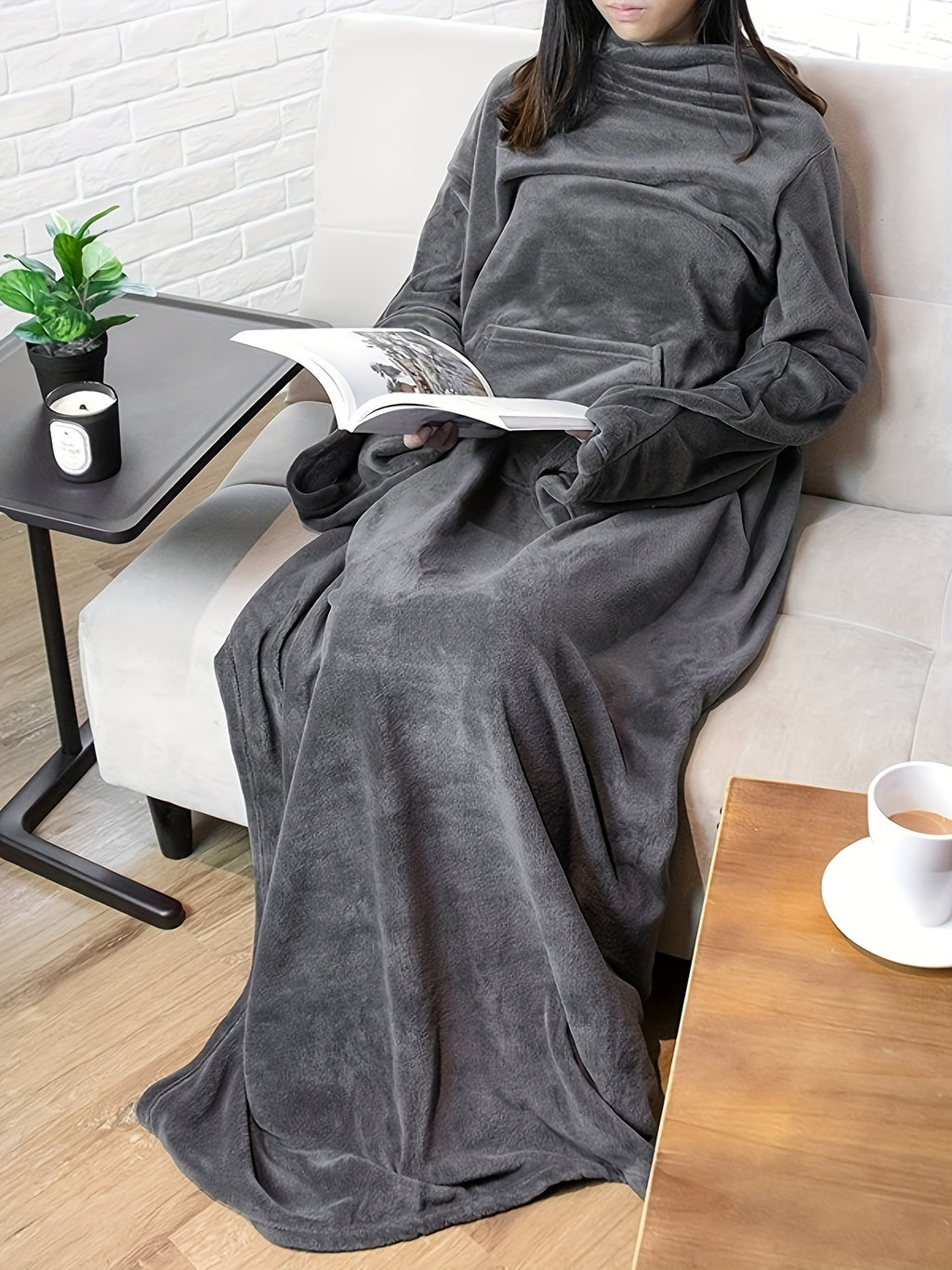 Wearable Blanket Wrap | Sleeved Loose Fit, Polyester Knit, Dark Gray