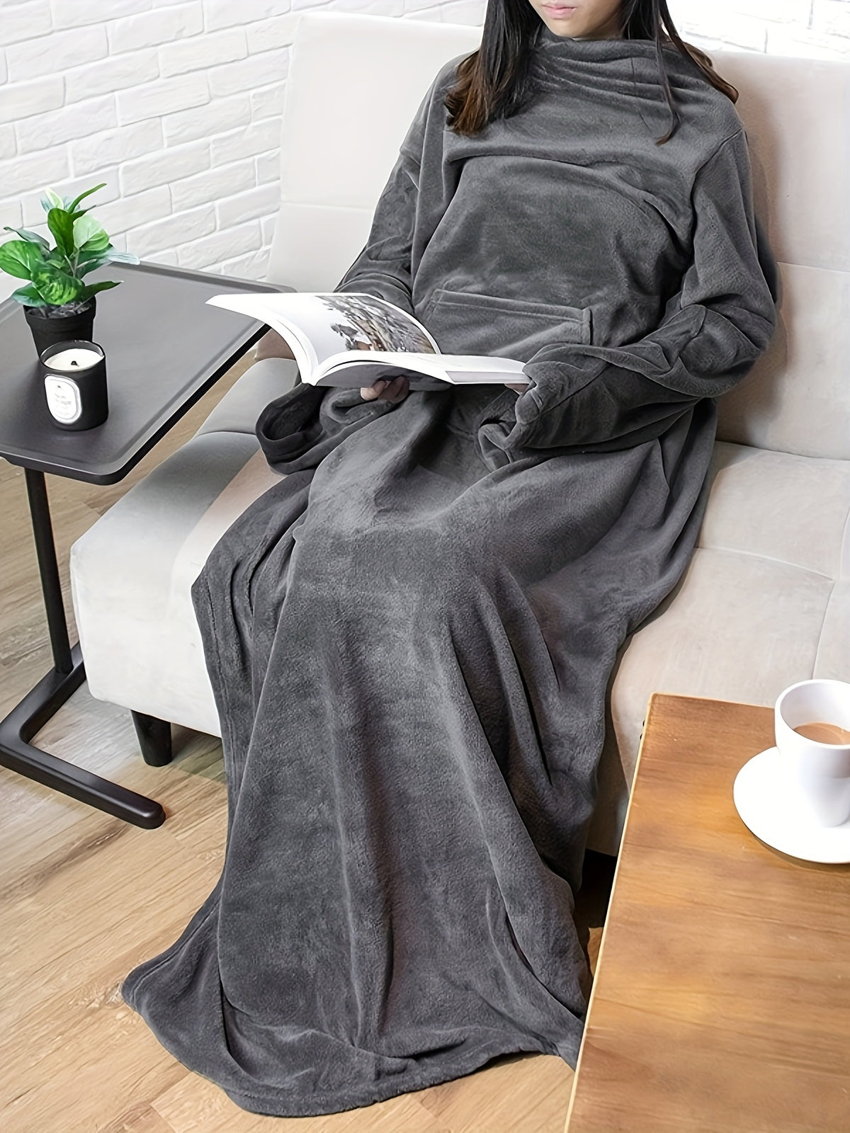 Wearable Blanket Wrap | Sleeved Loose Fit, Polyester Knit, Dark Gray