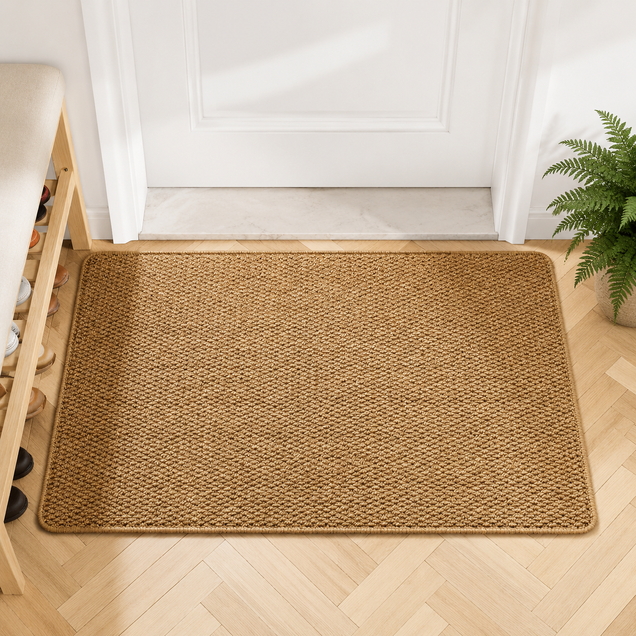 Brown faux jute doormat placed inside a bright white entry door.