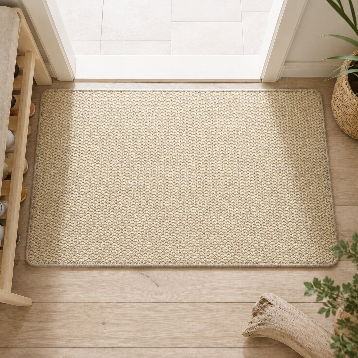 Beige faux jute doormat in a light coastal-style entryway.