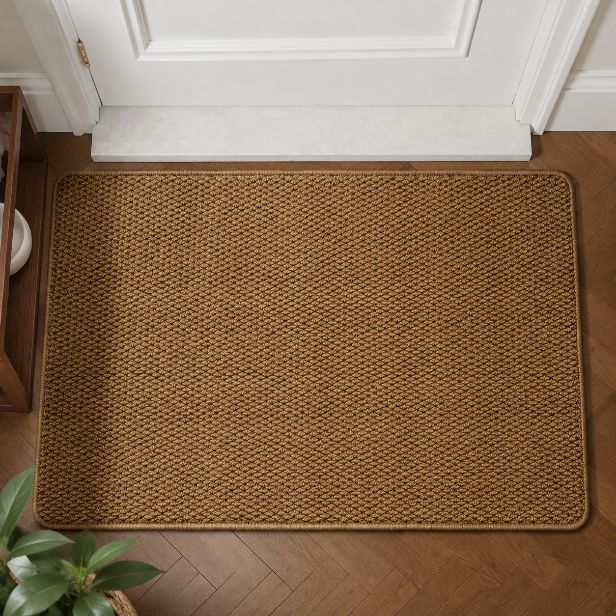 Brown faux jute doormat shown from above beneath a white door.