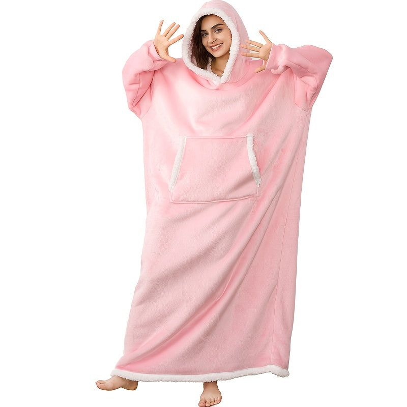 Wearable Blanket Robe | Extra Long Hooded Flannel Design, Polyester, Multiple Colors