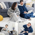 Wearable Blanket Robe | Extra Long Hooded Flannel With Vertical Pockets, Polyester