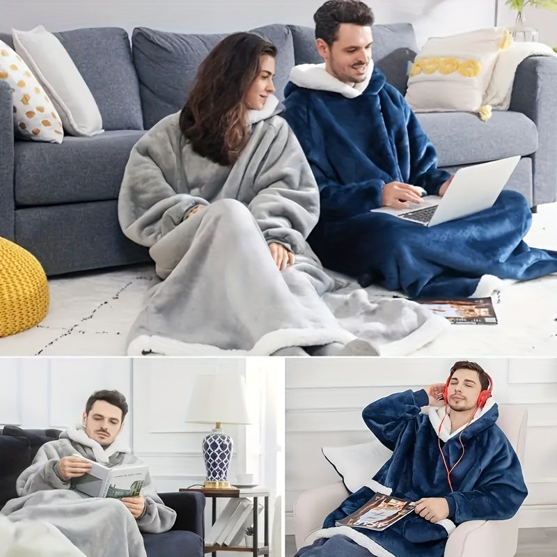 Wearable Blanket Robe | Extra Long Hooded Flannel With Vertical Pockets, Polyester
