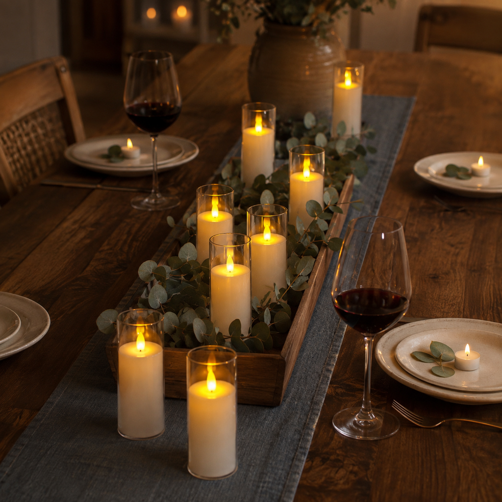 Nine flameless candles illuminate a walnut dining table with eucalyptus and place settings.