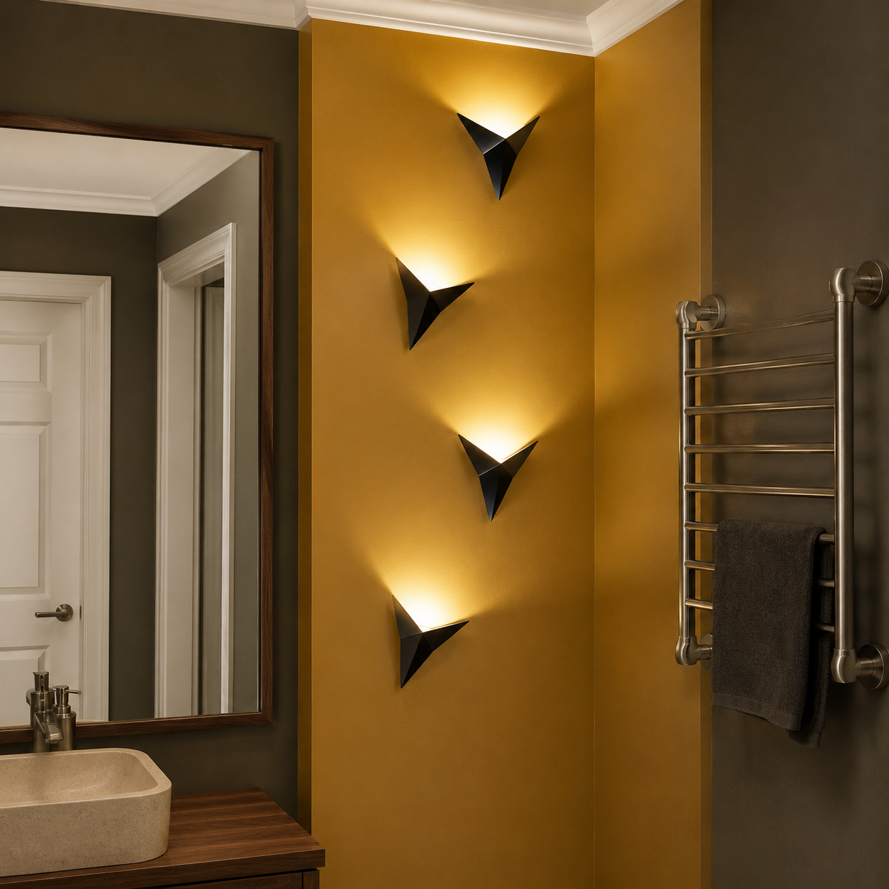 Four black geometric star LED wall sconces glowing in an American powder room