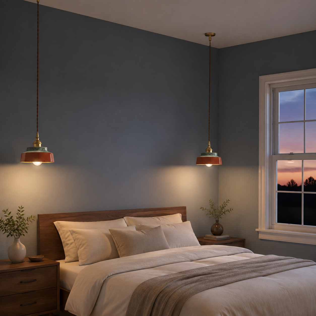 Two terracotta hand-painted ceramic pendant lights glowing above a bedroom bed