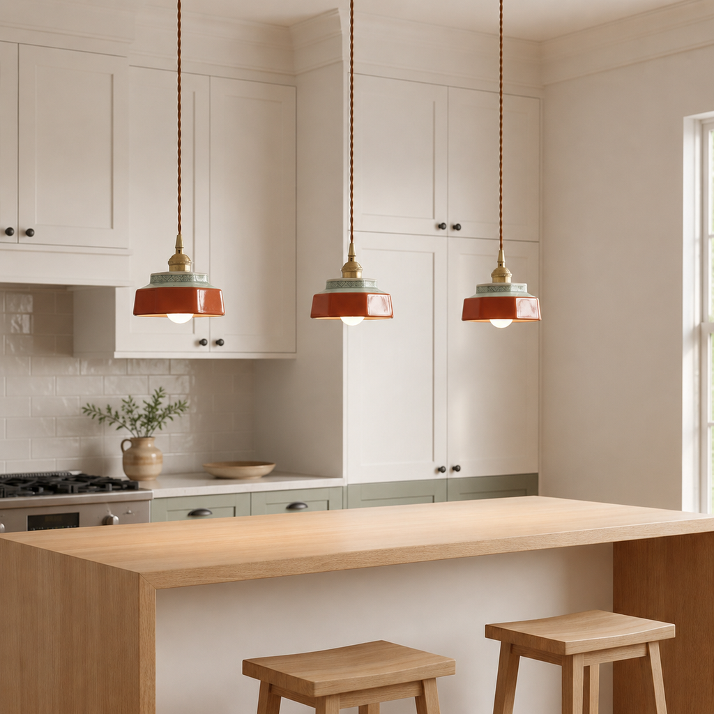 Three terracotta hand-painted ceramic pendant lights above a shaker kitchen island