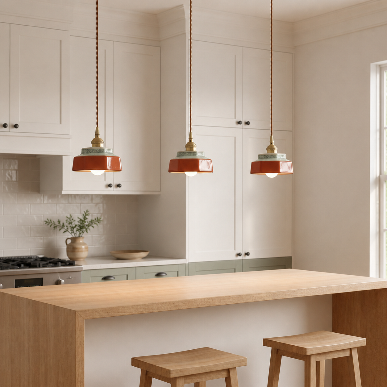 Three terracotta hand-painted ceramic pendant lights above a shaker kitchen island