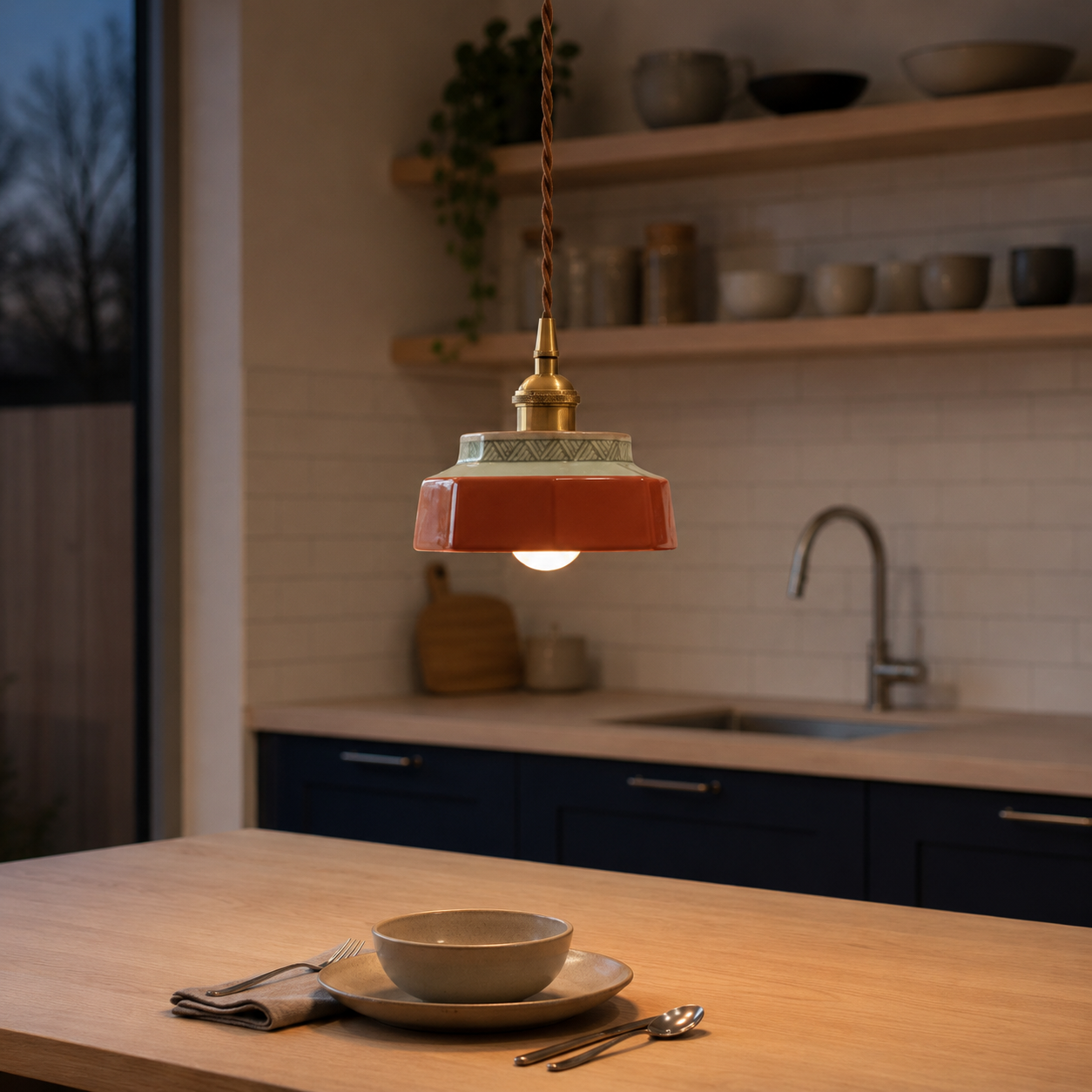 Terracotta hand-painted ceramic pendant light glowing above a wooden kitchen table