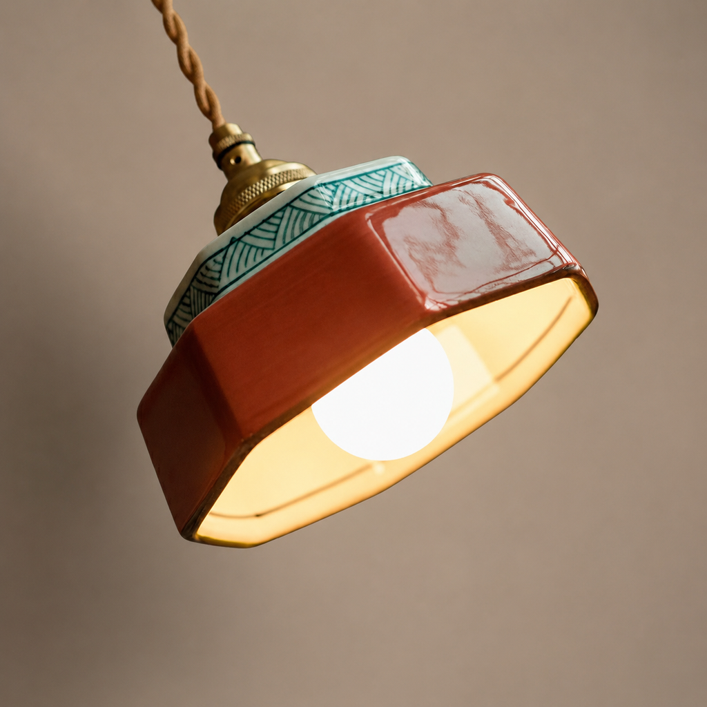 Angled terracotta hand-painted ceramic pendant light glowing against a warm studio wall