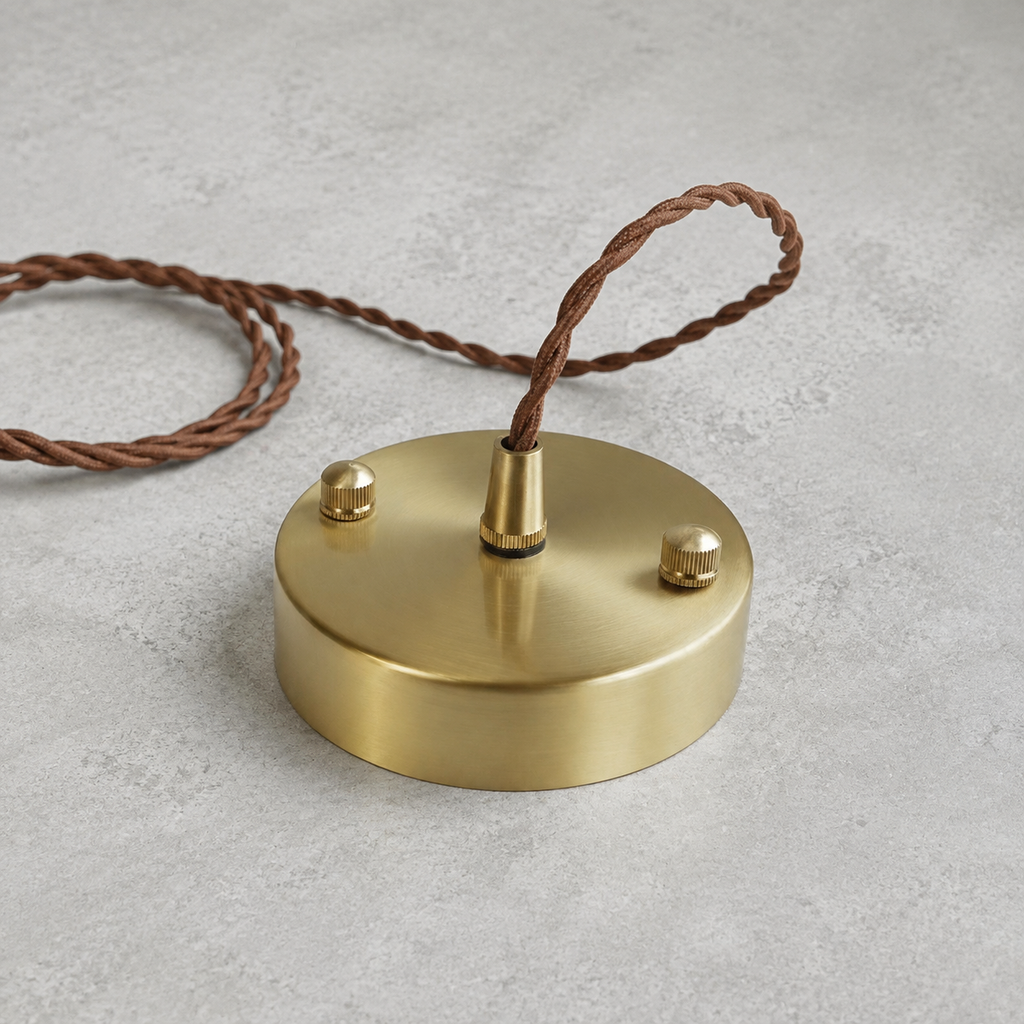 Brass ceiling canopy and twisted cord for a hand-painted ceramic pendant light