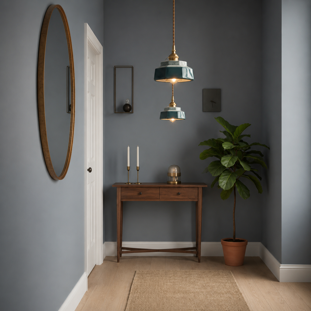Two blue-green hand-painted ceramic pendant lights glowing in an American entry