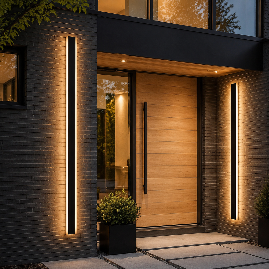 Two black linear outdoor wall lights illuminating a modern American entry