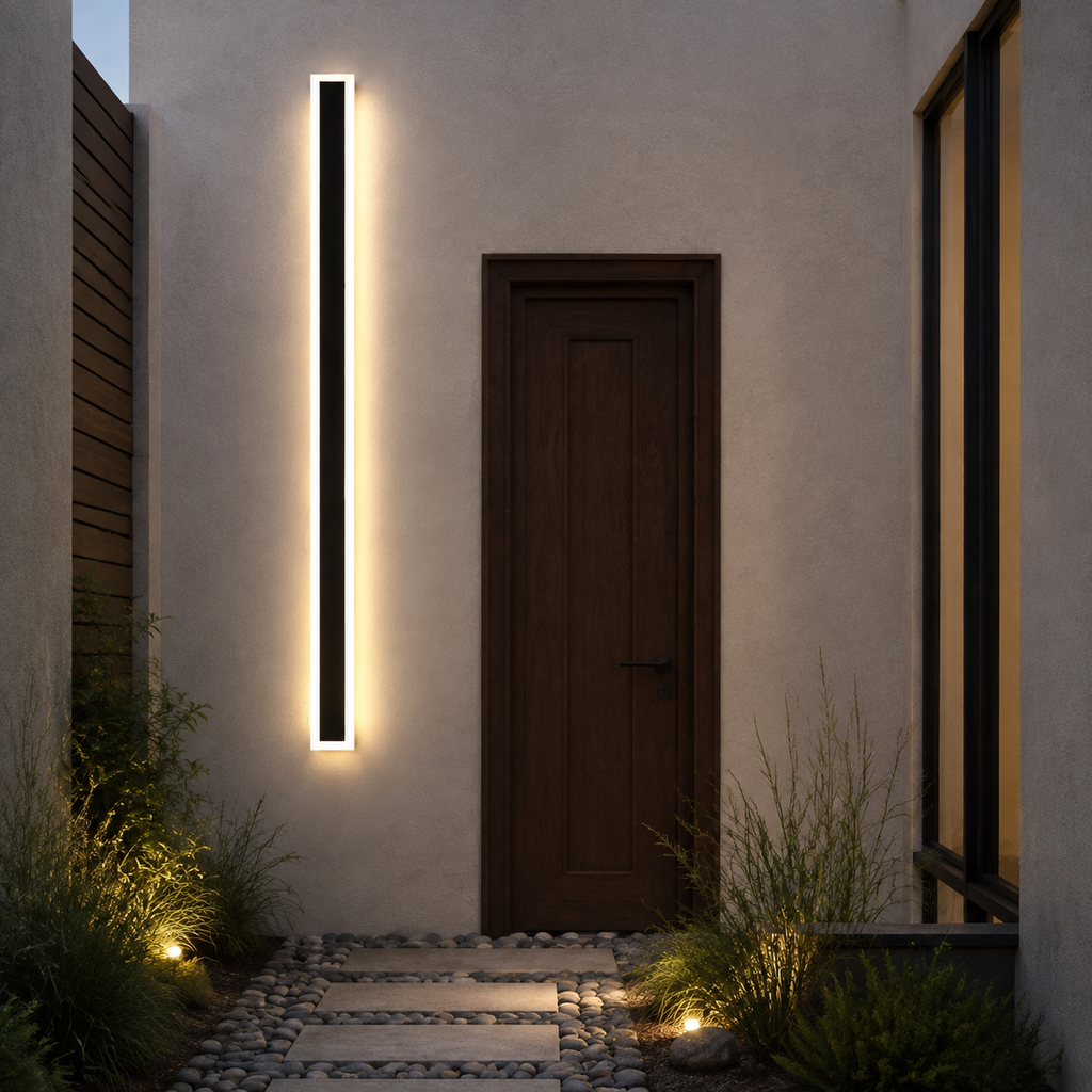 Black linear outdoor wall light beside a walnut courtyard door