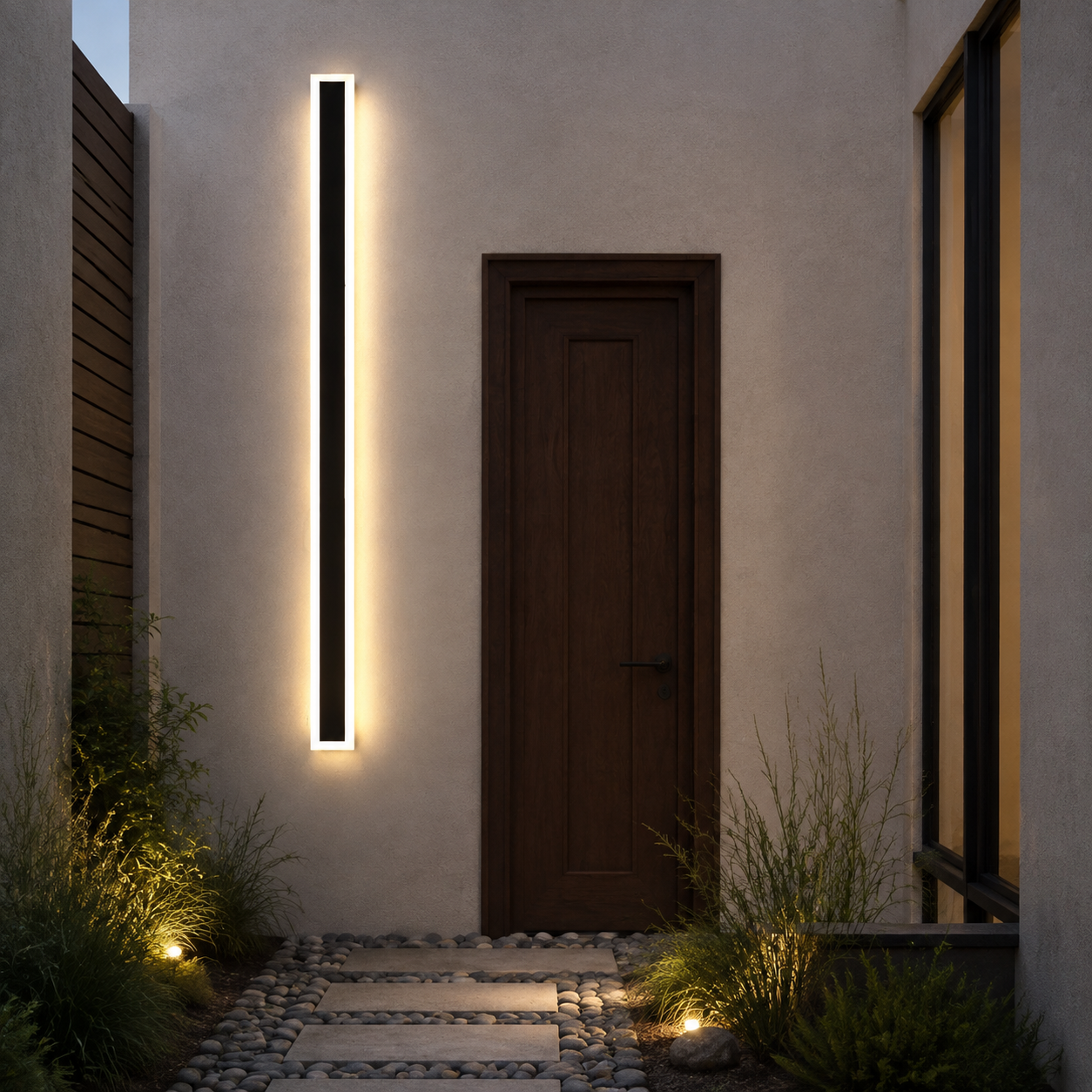 Black linear outdoor wall light beside a walnut courtyard door