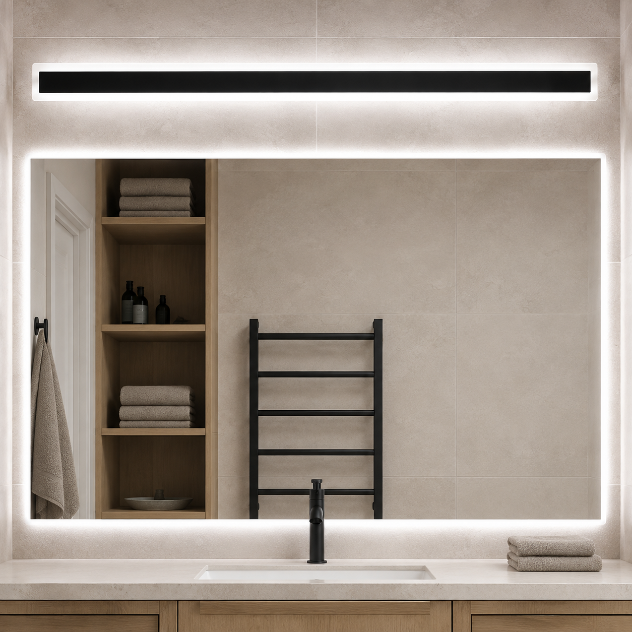 Horizontal black linear LED wall light above a modern bathroom mirror