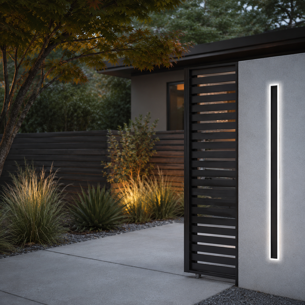 Black linear outdoor wall light illuminating a contemporary courtyard gate