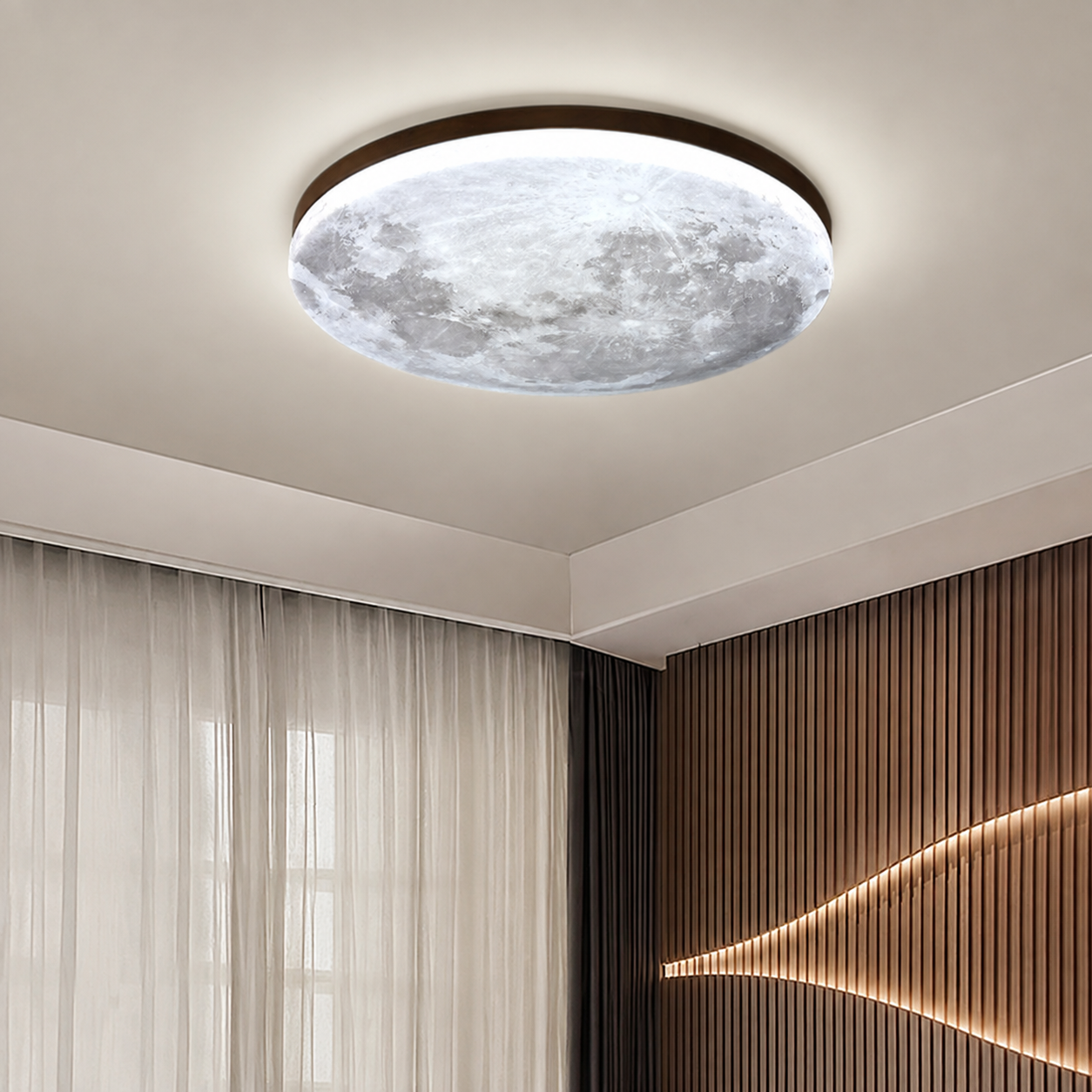 Ceiling Light | Moon Inspired Integrated LED, Acrylic And Metal, Light Wood, gallery view 5.