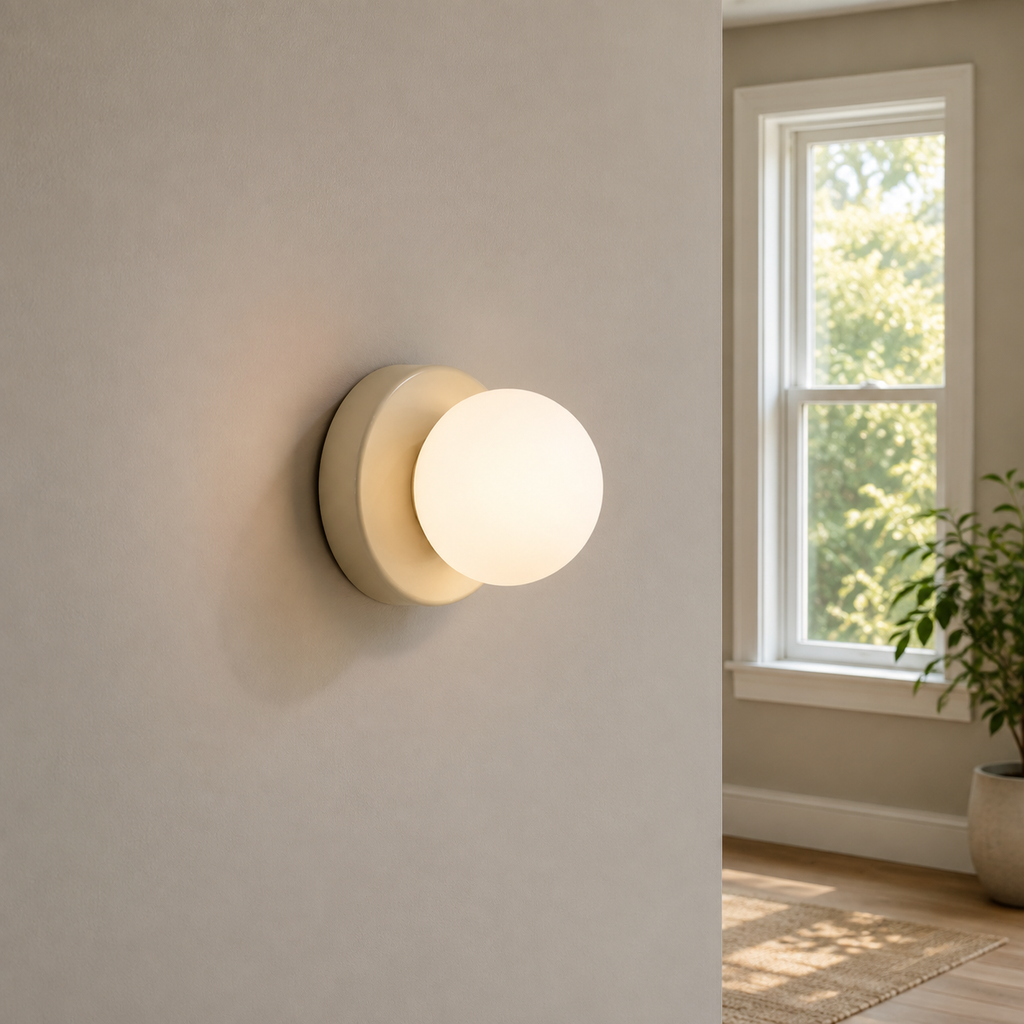 Beige Nordic glass globe wall sconce glowing beside a double-hung window on a warm gray wall
