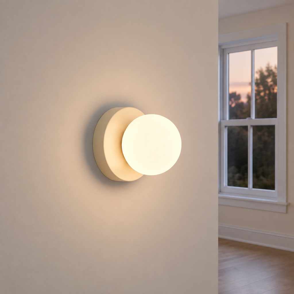 Beige Nordic glass globe wall sconce glowing at dusk beside a double-hung window