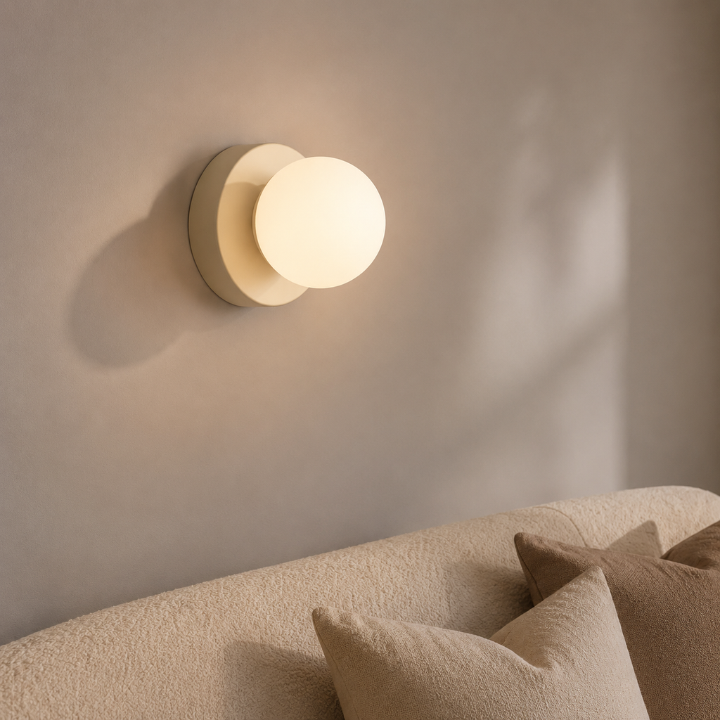 Beige Nordic glass globe wall sconce glowing above a textured cream sofa