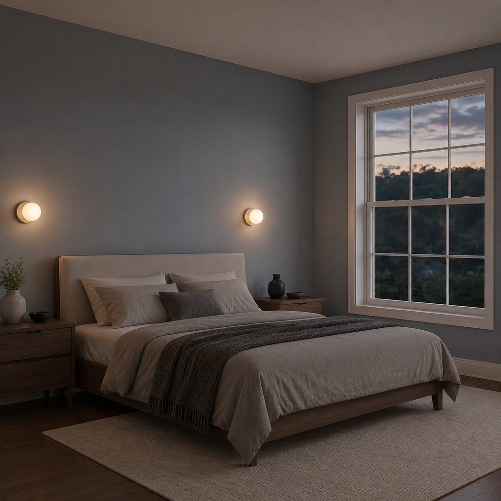Pair of beige Nordic glass globe wall sconces lighting a blue-gray bedroom at dusk
