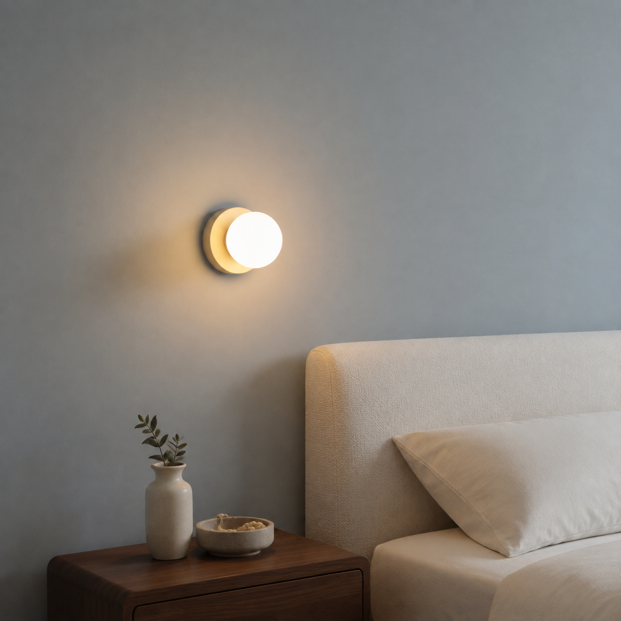Beige Nordic glass globe wall sconce glowing above a walnut bedside table