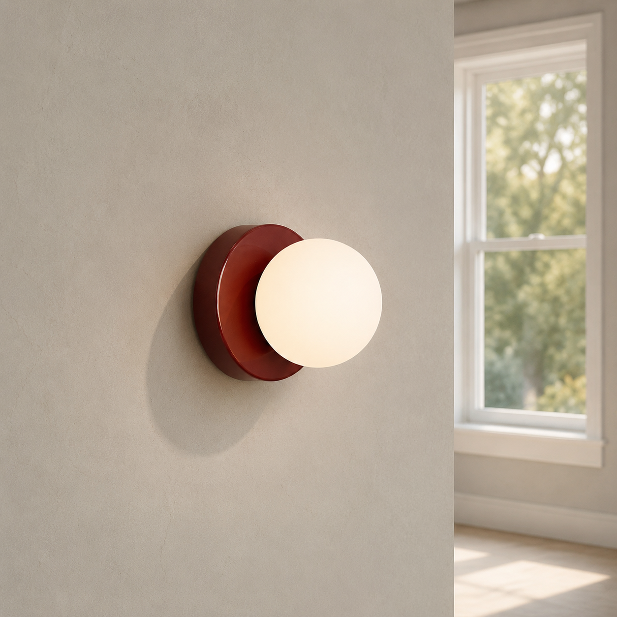Red Nordic glass globe wall sconce glowing on a light stone wall near a window