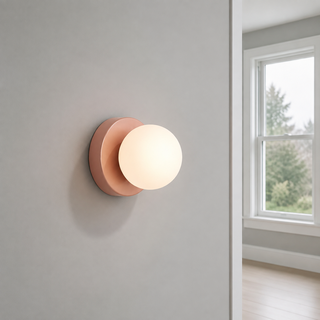 Pink Nordic glass globe wall sconce glowing on a cool-gray wall near a window