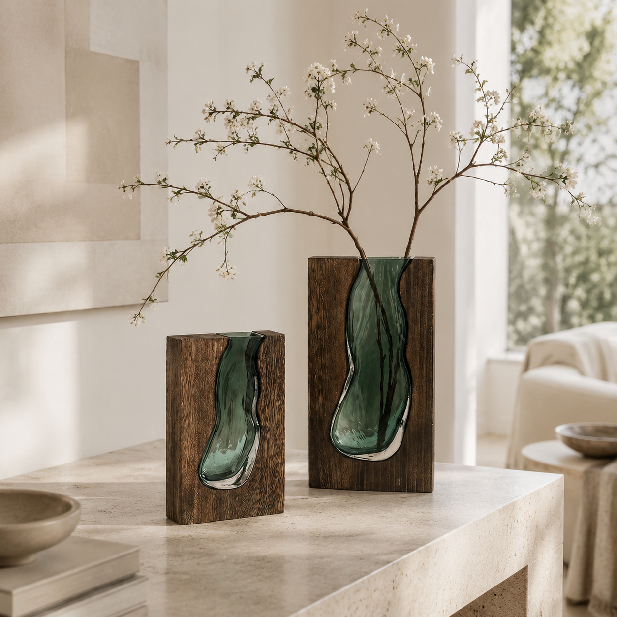 Small and tall live edge wood vases with smoky green glass and flowering branches