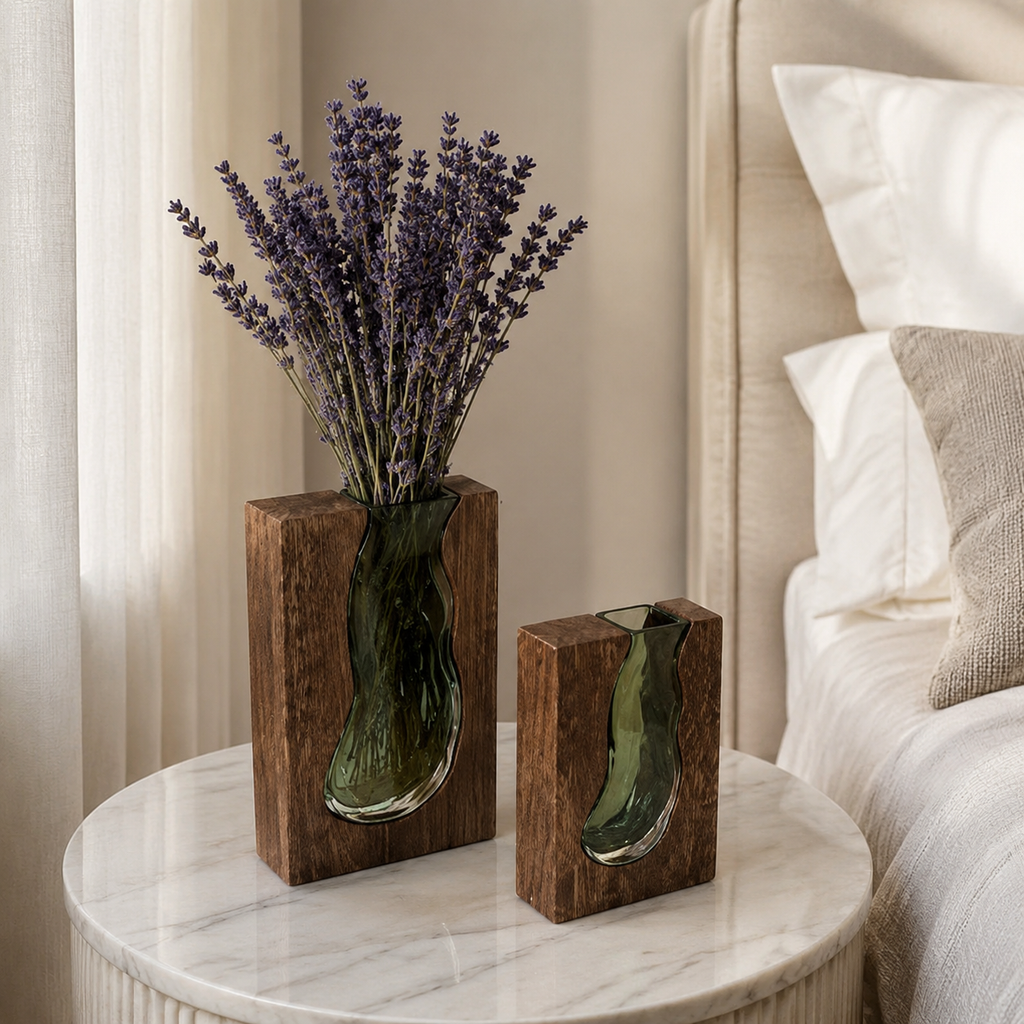 Tall and small Nordic live edge vases styled with lavender in a bedroom