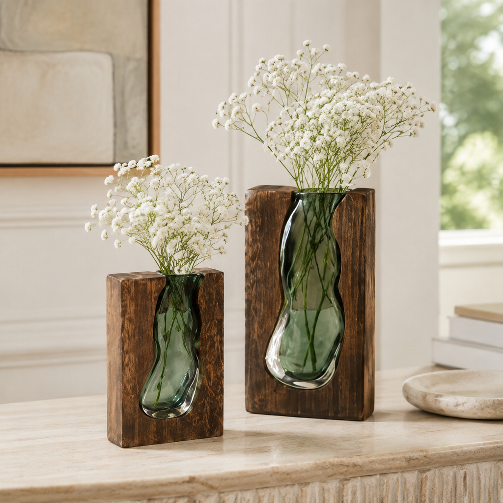 Pair of wood-framed green glass vases filled with white baby's-breath flowers