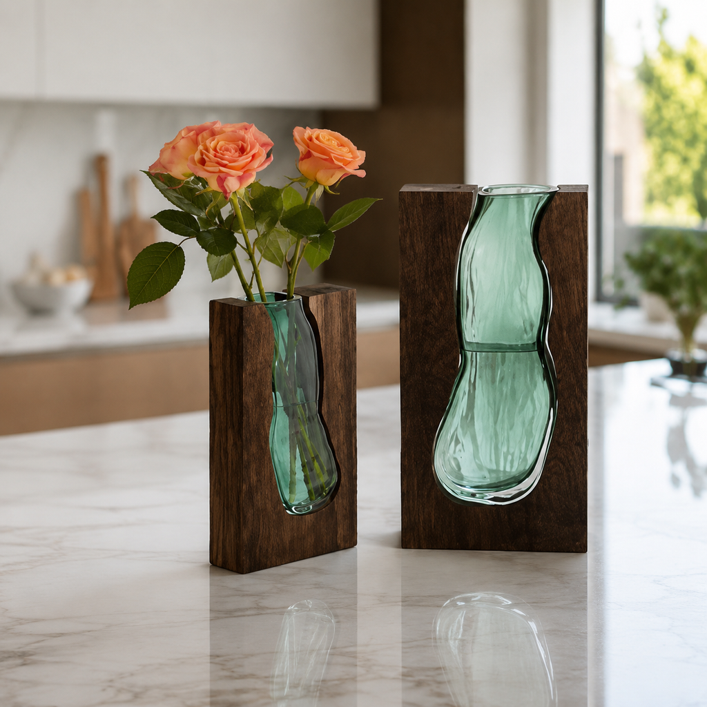Small live edge vase with coral roses beside the taller empty vase