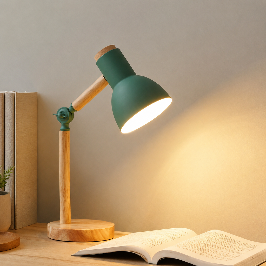 Green wooden desk lamp glowing beside books and an open page.