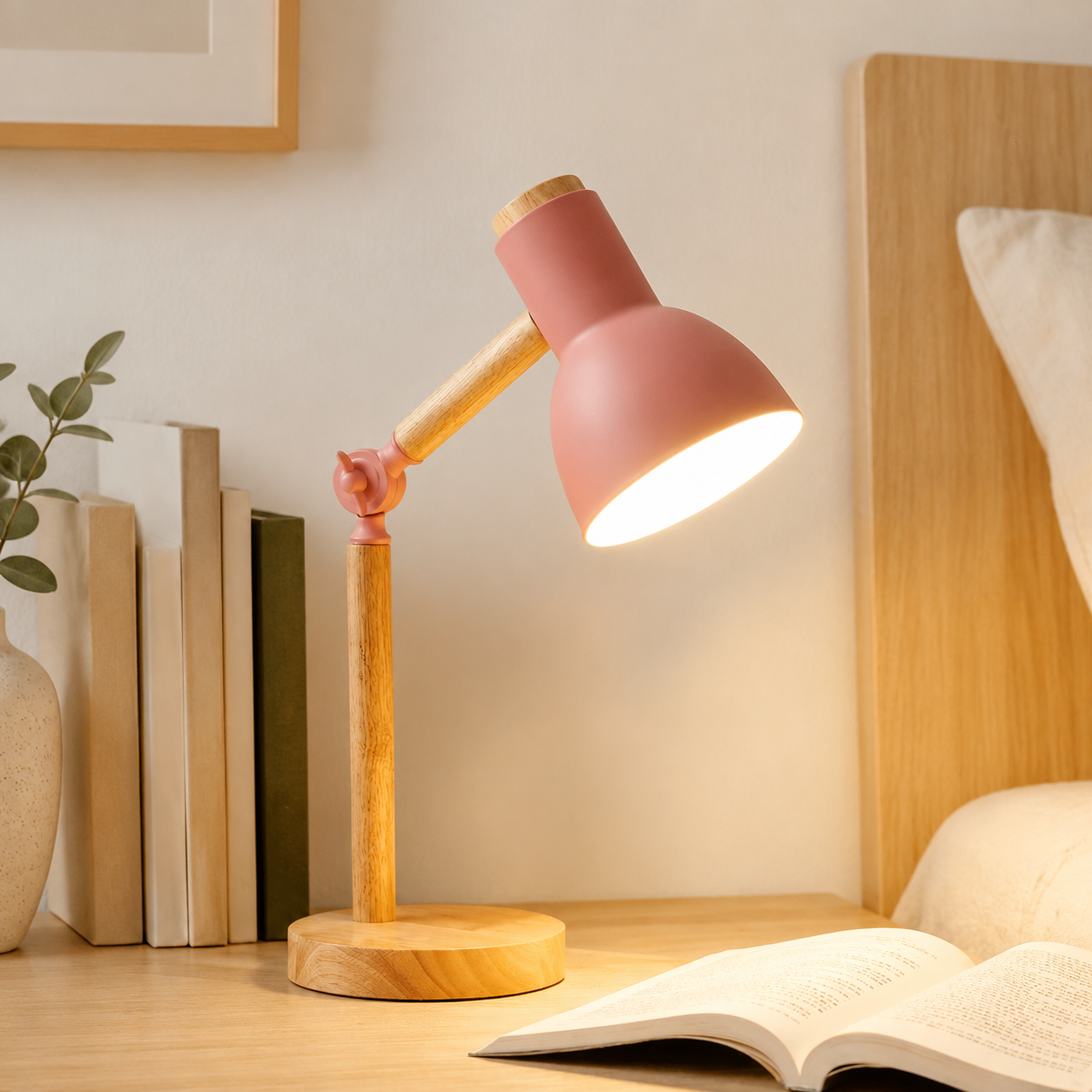 Pink wooden desk lamp casting warm light across a bedroom desk.