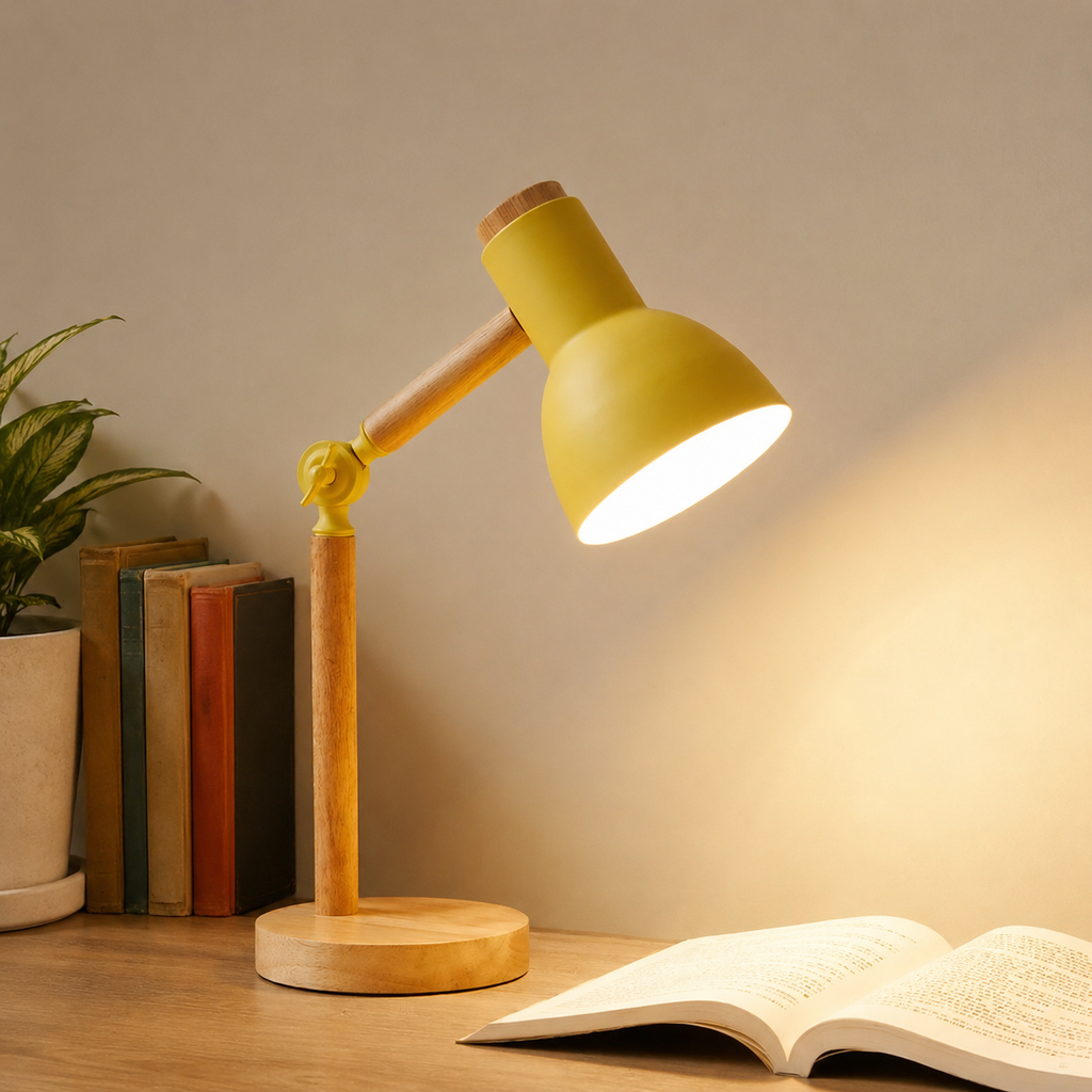 Yellow wooden desk lamp illuminating an open book on an oak desk.