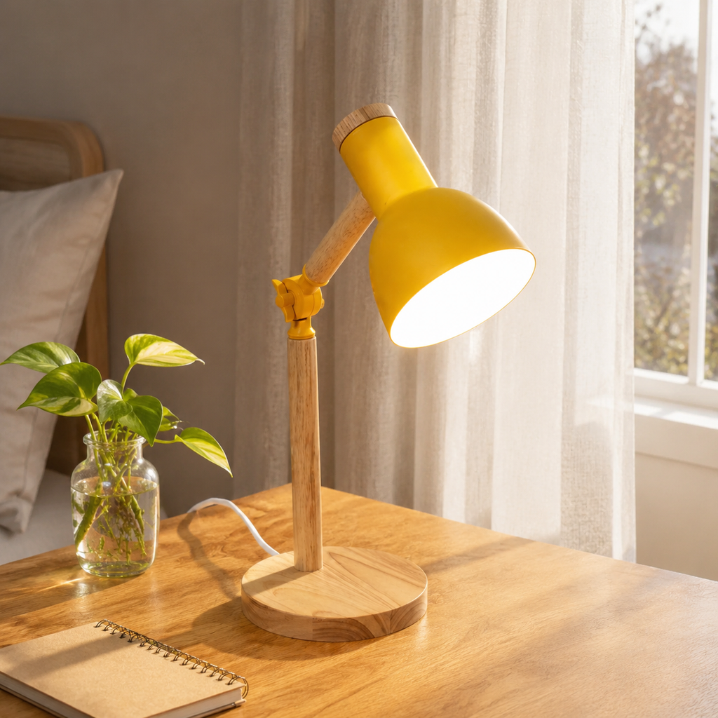 Yellow wooden desk lamp glowing on a sunny window-side workspace.