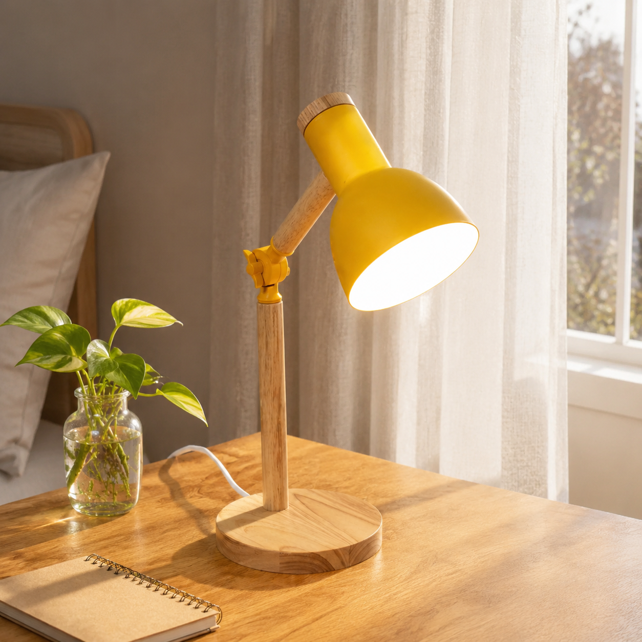 Yellow wooden desk lamp glowing on a sunny window-side workspace.