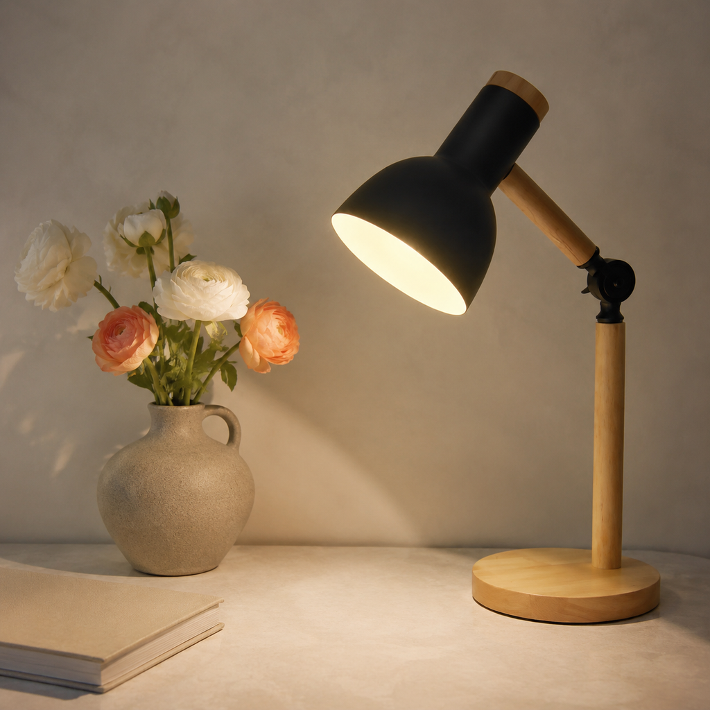 Black wooden desk lamp lighting a stone desk beside fresh flowers.