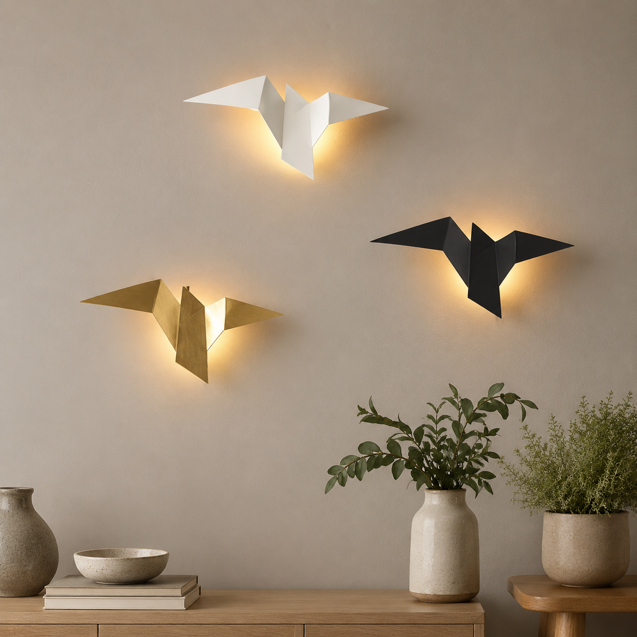 White black and gold origami bird LED wall sconces glowing above a console